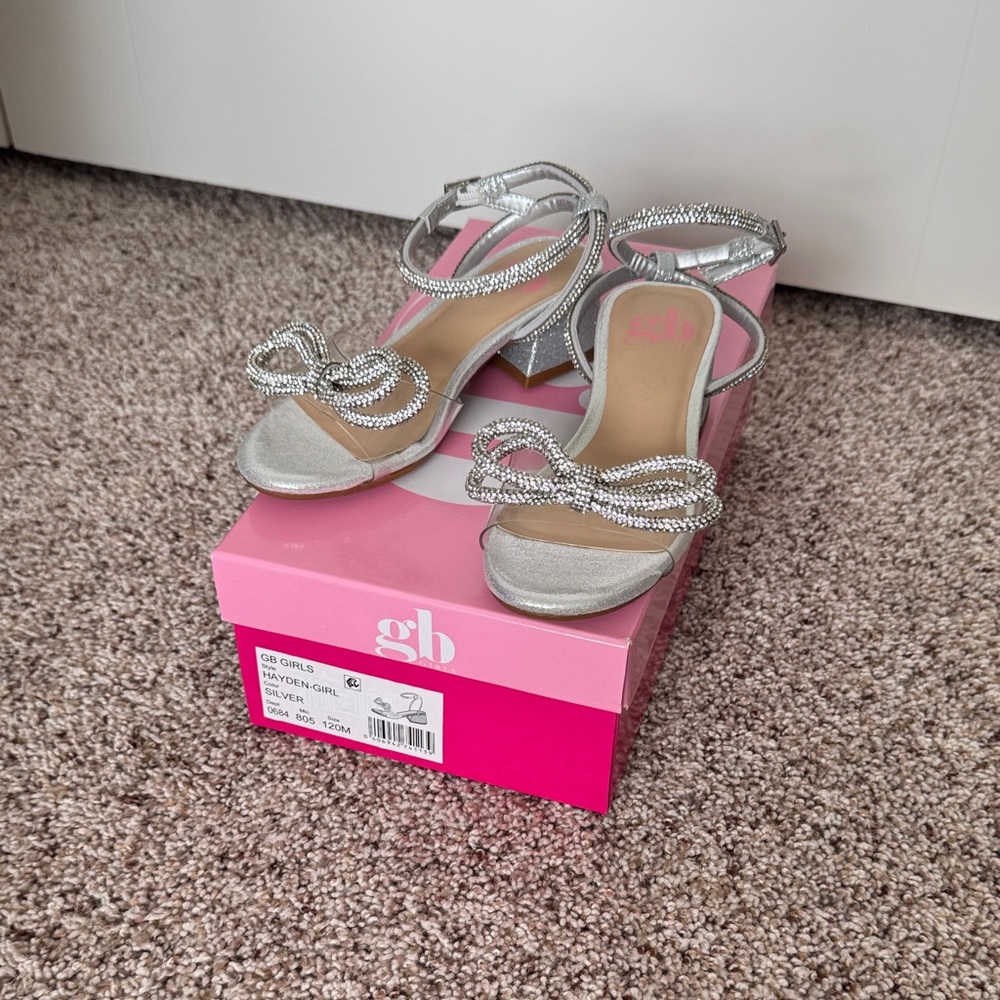GB Girls Silver Rhinestone Bow Block Heels